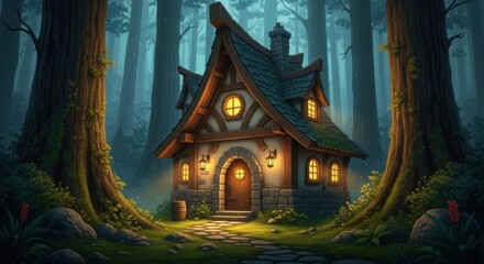 Fototapeta premium Whimsical Fairy Tale Cottage in Mystical Forest with Warm Lighting