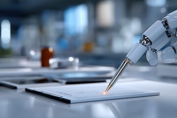 Robotic arm writing on paper in a modern laboratory environment