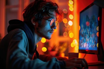 Focused software developer is working late at night, illuminated by the glow of his computer screen and neon lights