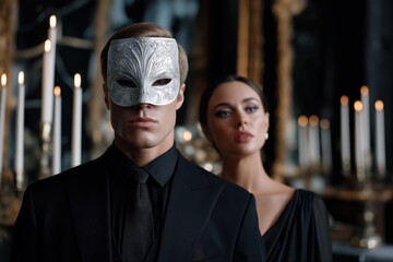 Mysterious ballroom masquerade with elegantly dressed young caucasian couple
