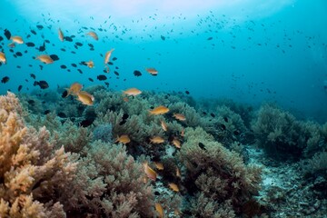 Fototapeta premium Vibrant coral reef teeming with fish in a tropical ocean.