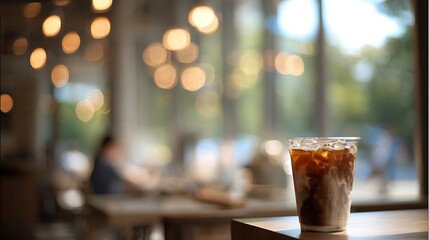 Iced coffee cup on left, cafe  background softly blurred, right side clean 