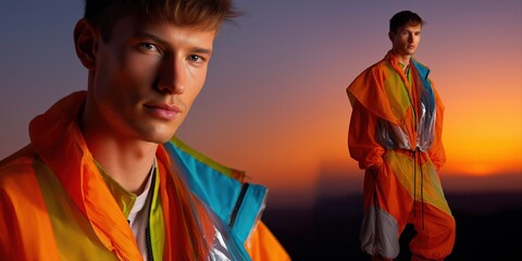 Young caucasian male in colorful outfit at sunset
