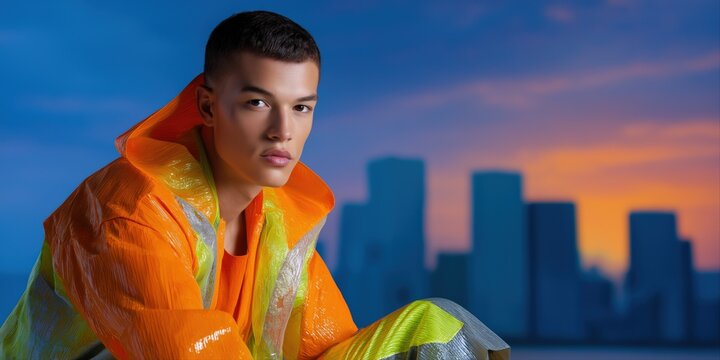 Young asian adult male in colorful fashion outfit against urban sunset skyline