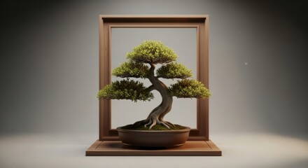 Fototapeta premium Bonsai Tree in Wooden Frame Displaying Artistic Miniature Tree