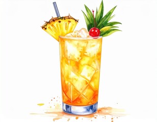Exotic Mai Tai watercolor Illustration with vibrant tropical fruit garnishes