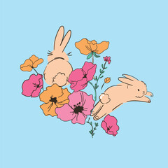 Hand Drawn Cute Bunny and flowers vector illustration