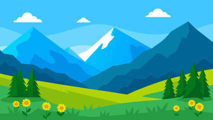 Peaceful Mountain Valley with Blue Peaks and Yellow Wildflowers