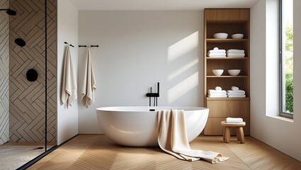 Modern bathroom interior with freestanding tub, shower, and wooden accents