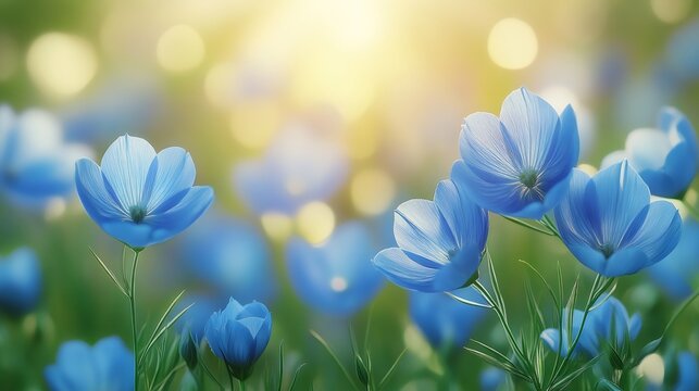 Beautiful blue flowers blooming in spring meadow during golden hour sunset