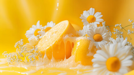 Sliced lemons with juice, surrounded by daisies and baby's breath. Bright, vibrant colors on a yellow background.
