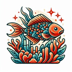 Fototapeta premium Colorful Coral Reef Fish Tattoo Art, A Vibrant Underwater Illustration