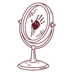 Vintage vanity mirror with handprint smudge on glass surface  