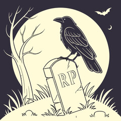 Black crow perched on gravestone in eerie nighttime setting  