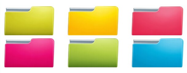 Flat vector folder icons in yellow, blue, pink and black on white background, minimal design for UI, web or app interface