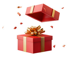Open red gift box with golden ribbon, 3D style, floating lid, isolated on transparent background.