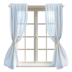 Open window with sheer curtains blowing in the breeze, home comfort theme, isolated PNG.