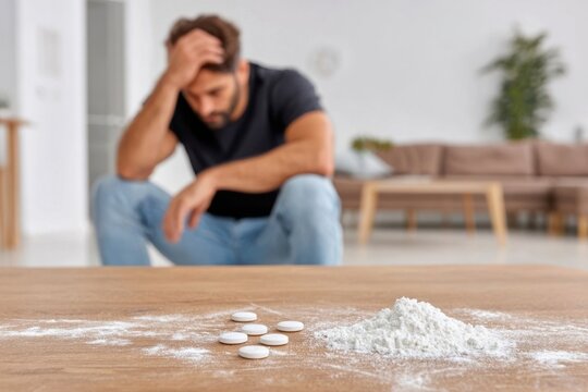 Pills and white powder on a table, blurred man in background holding head, suggesting substance abuse.