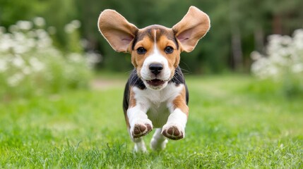 A Beagle puppy runs towards the camera, ears flapping, across a green lawn, joyful and full of energy.