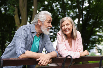 Fototapeta premium Lovely senior couple near wooden bench in park