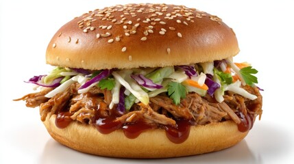 Delicious pulled pork sandwich piled high with creamy coleslaw and dripping with barbecue sauce on a sesame seed bun