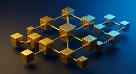Golden Blockchain Network Interconnected Cubes Representing Data and Technology