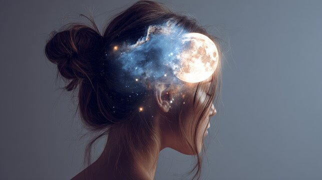 A woman with a cosmic galaxy inside her head symbolizing imagination and dreams dreamy artistic portrait