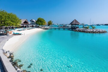 Tropical island beach resort.  Tranquil turquoise water laps a pristine white sand beach.  Palm trees and a gazebo line the shore.  Resort buildings are visible on the land