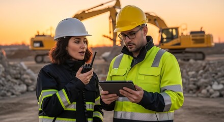 Two construction workers reviewing a tablet and radio, with an excavator in the background.