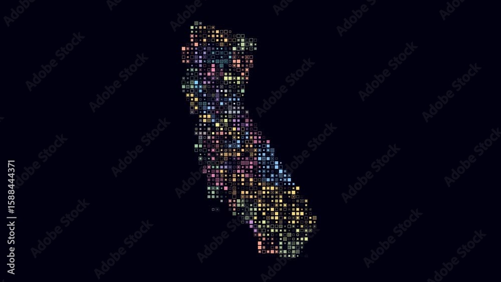 Poster california dotted animation. shape of the state build of pulsating colored dots. small size square b