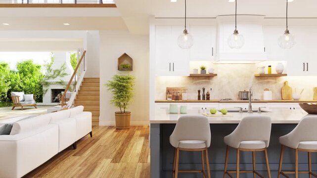 Open Plan Living Room with White Kitchen, Pantry, and Cozy Patio with Outdoor Fireplace
