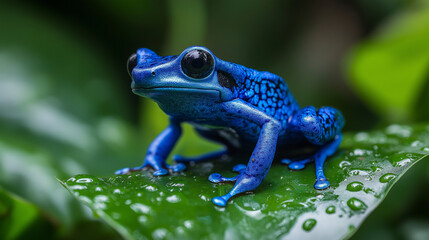 Obraz premium Blue poison dart frog resting on wet leaf in tropical jungle, 