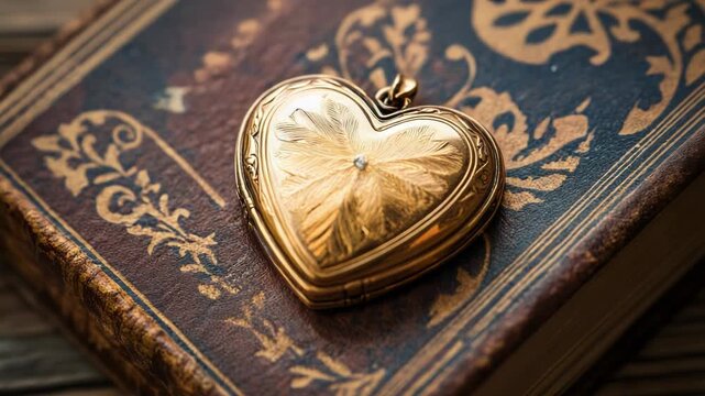 A vintage heart-shaped locket on a decorative leather book.
