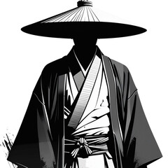 black and white graphic illustration of a lone ronin warrior standing proudly