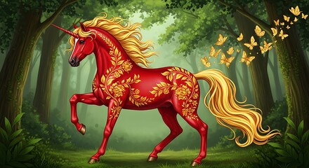A majestic red unicorn with golden details, standing in a lush forest, surrounded by butterflies, year of the horses.