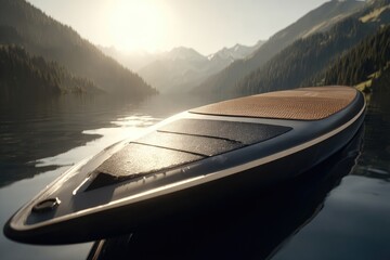 Stand-up paddleboard on serene lake at sunrise. Mountain backdrop