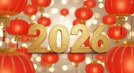 Golden 2026 numerals amidst festive red lanterns, celebrating the upcoming year, year of the horses.