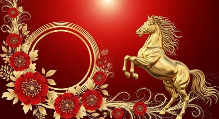 Gold horse statue amidst red floral design on a red background, year of the horses.