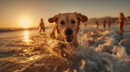 Happy Dog Playing in Ocean Waves at Sunset