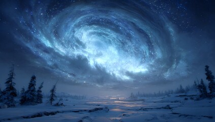 Surreal night sky with galaxy swirl over snowy forest landscape

