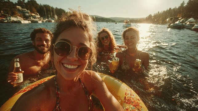 Friends Enjoying Summer Party in Lake with Drinks