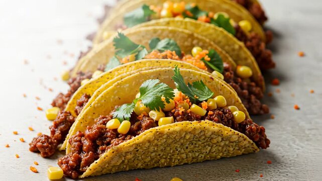 Delicious tacos aligned neatly with cilantro and corn on stone surface