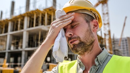 Construction Worker Wiping Sweat on Hot Day