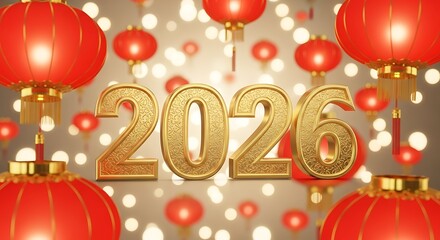 Golden "2026" with festive red lanterns and bokeh lights, celebrating the year, year of the horses.