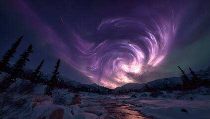Purple swirling aurora over snowy forest and mountain night sky