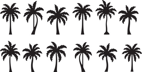 Tropical palm tree silhouettes against a vibrant sunset sky on a serene island beach, perfect for your summer vacation design