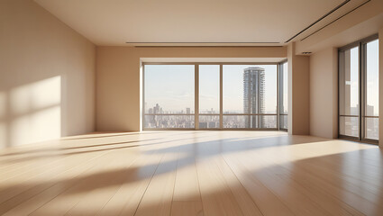 Obraz premium Empty room with large windows and city view