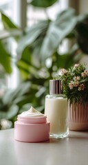 Natural skincare cream and lotion on table with indoor plants in soft sunlight