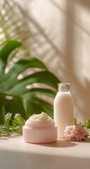Natural skincare cream and lotion on table with indoor plants in soft sunlight
