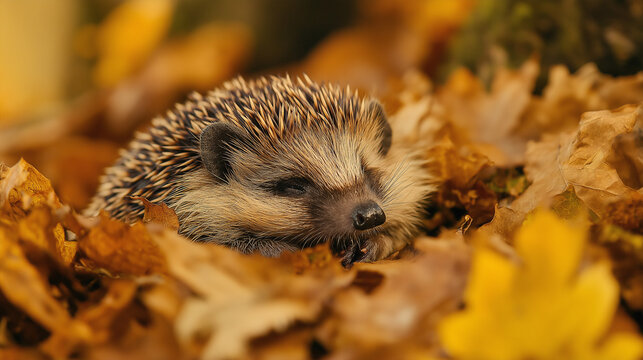 Hedgehog curled up in autumn leaves - Powered by Adobe
